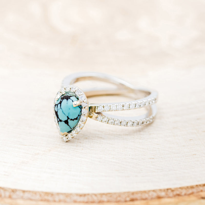 "NALA" - PEAR-SHAPED TURQUOISE ENGAGEMENT RING WITH DIAMOND HALO & ACCENTS