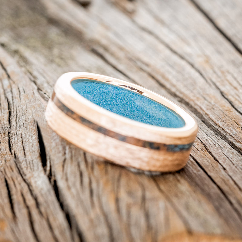 "VERTIGO" - PATINA COPPER WEDDING RING WITH TURQUOISE LINED & HAMMERED BAND - 14K ROSE GOLD - SIZE 11 3/4