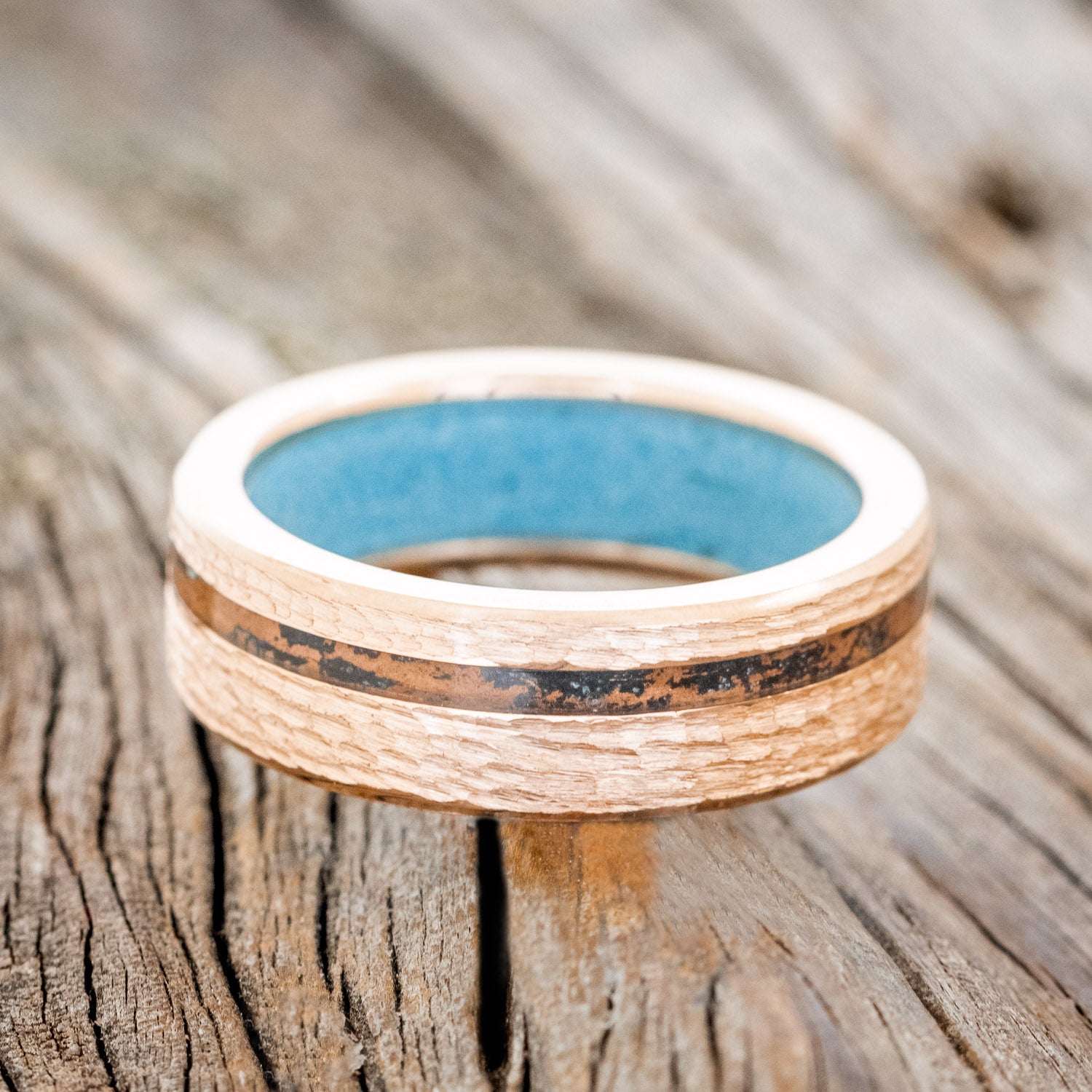 "VERTIGO" - PATINA COPPER WEDDING RING FEATURING A TURQUOISE LINING & HAMMERED 14K GOLD BAND-6