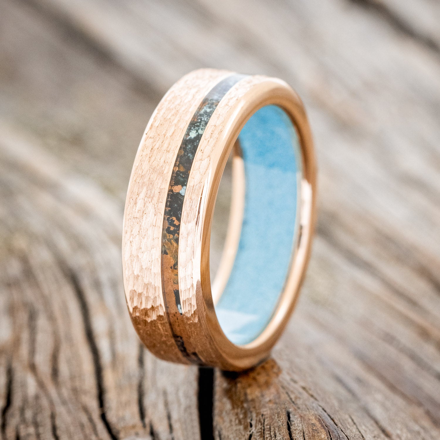 "VERTIGO" - PATINA COPPER WEDDING RING FEATURING A TURQUOISE LINING & HAMMERED 14K GOLD BAND-2