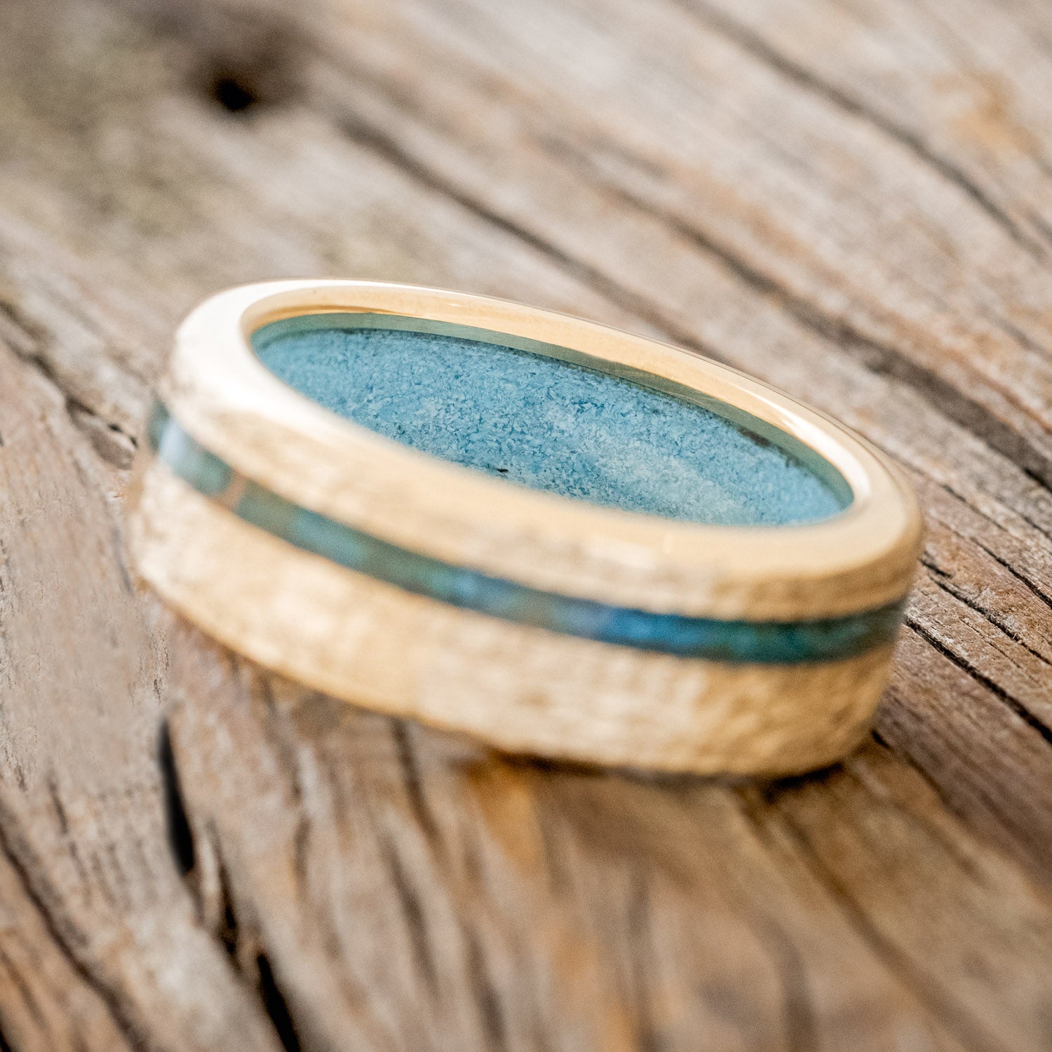 "VERTIGO" - PATINA COPPER WEDDING RING FEATURING A TURQUOISE LINING & HAMMERED 14K GOLD BAND-11