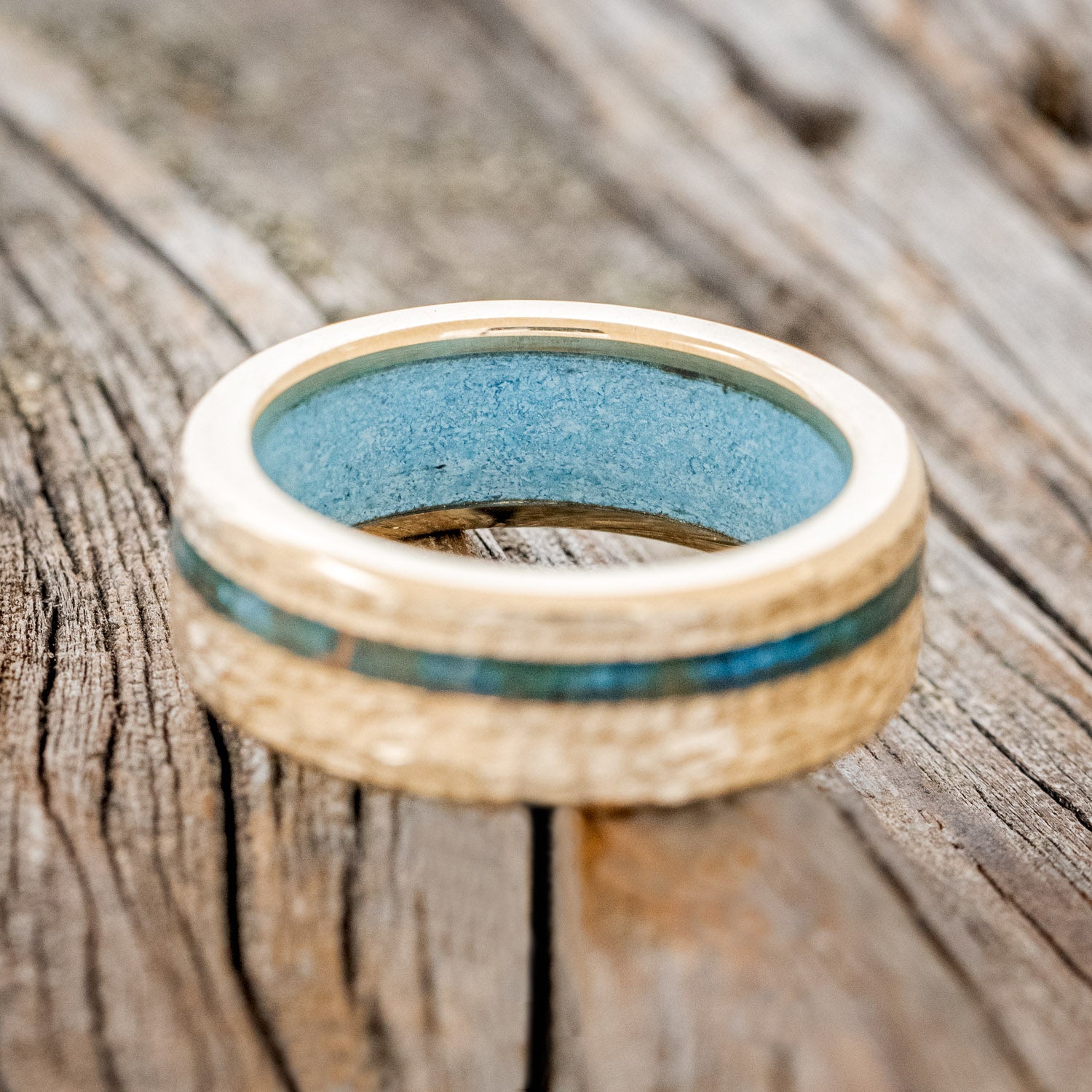 "VERTIGO" - PATINA COPPER WEDDING RING FEATURING A TURQUOISE LINING & HAMMERED 14K GOLD BAND-13