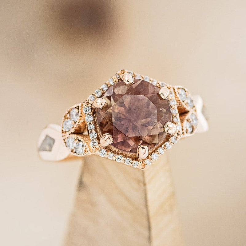 "LUCY IN THE SKY" - ROUND CUT OREGON SUNSTONE ENGAGEMENT RING WITH DIAMOND ACCENTS & FIRE AND ICE OPAL INLAYS-1