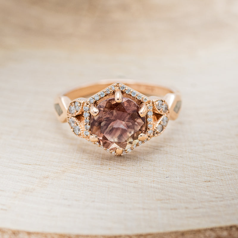 "LUCY IN THE SKY" - ROUND CUT OREGON SUNSTONE ENGAGEMENT RING WITH DIAMOND ACCENTS & FIRE AND ICE OPAL INLAYS-4