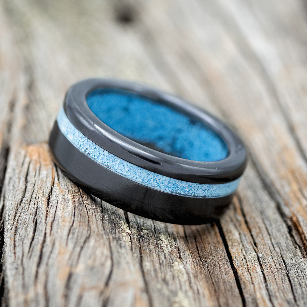 "VERTIGO" - TURQUOISE WEDDING RING FEATURING A TURQUOISE LINED BAND - READY TO SHIP-17