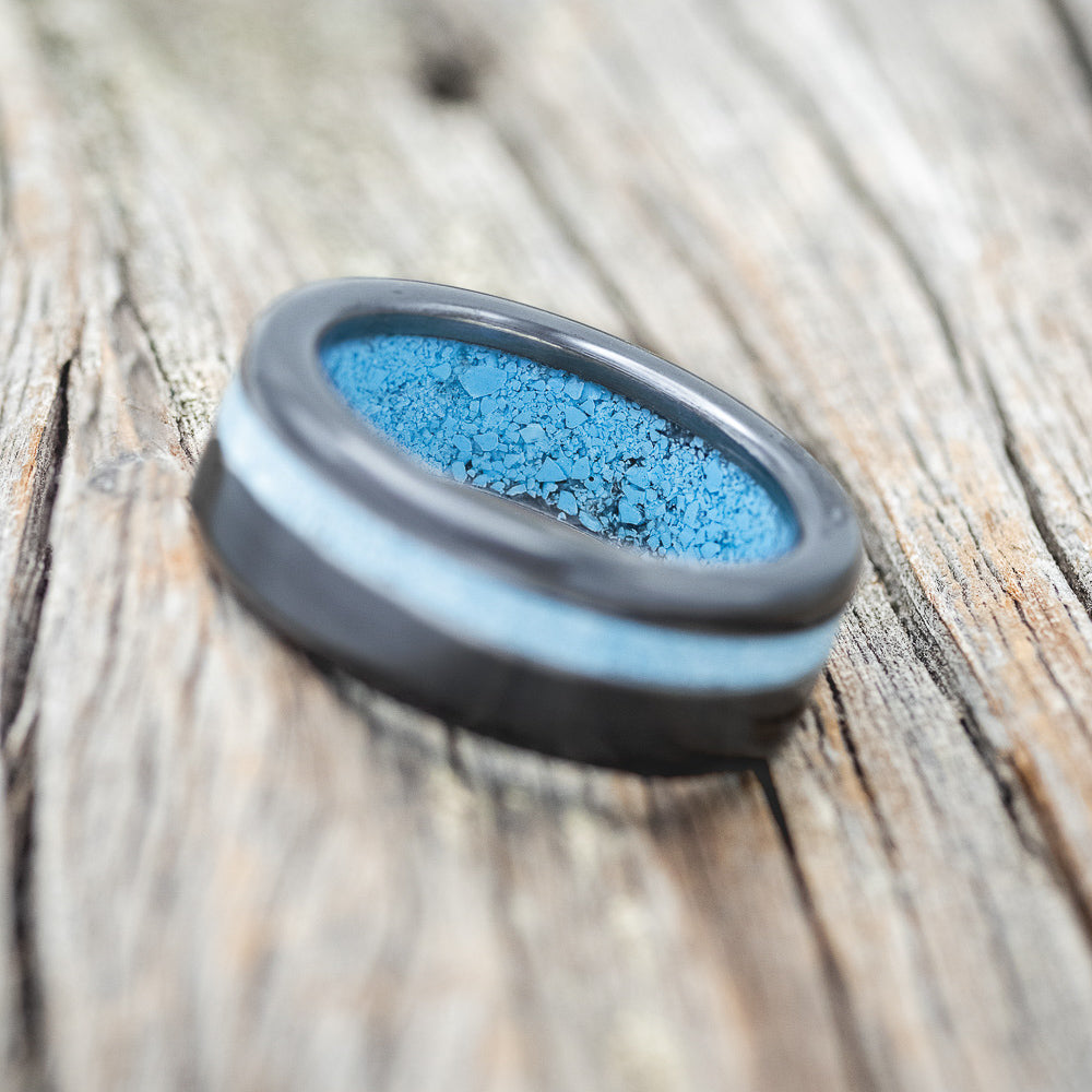 "VERTIGO" - TURQUOISE WEDDING RING FEATURING A TURQUOISE LINED BAND - READY TO SHIP-18