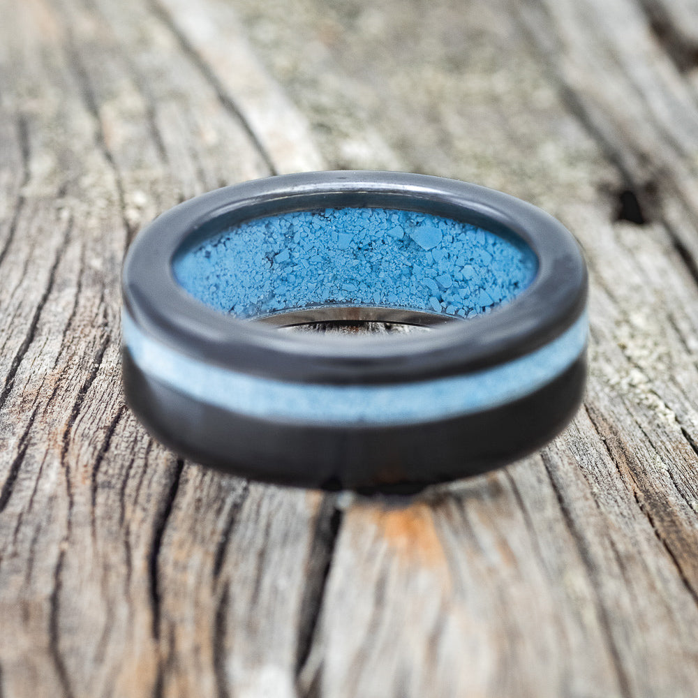 "VERTIGO" - TURQUOISE WEDDING RING FEATURING A TURQUOISE LINED BAND - READY TO SHIP-22