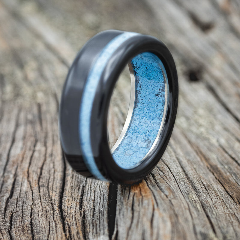 "VERTIGO" - TURQUOISE WEDDING RING FEATURING A TURQUOISE LINED BAND - READY TO SHIP