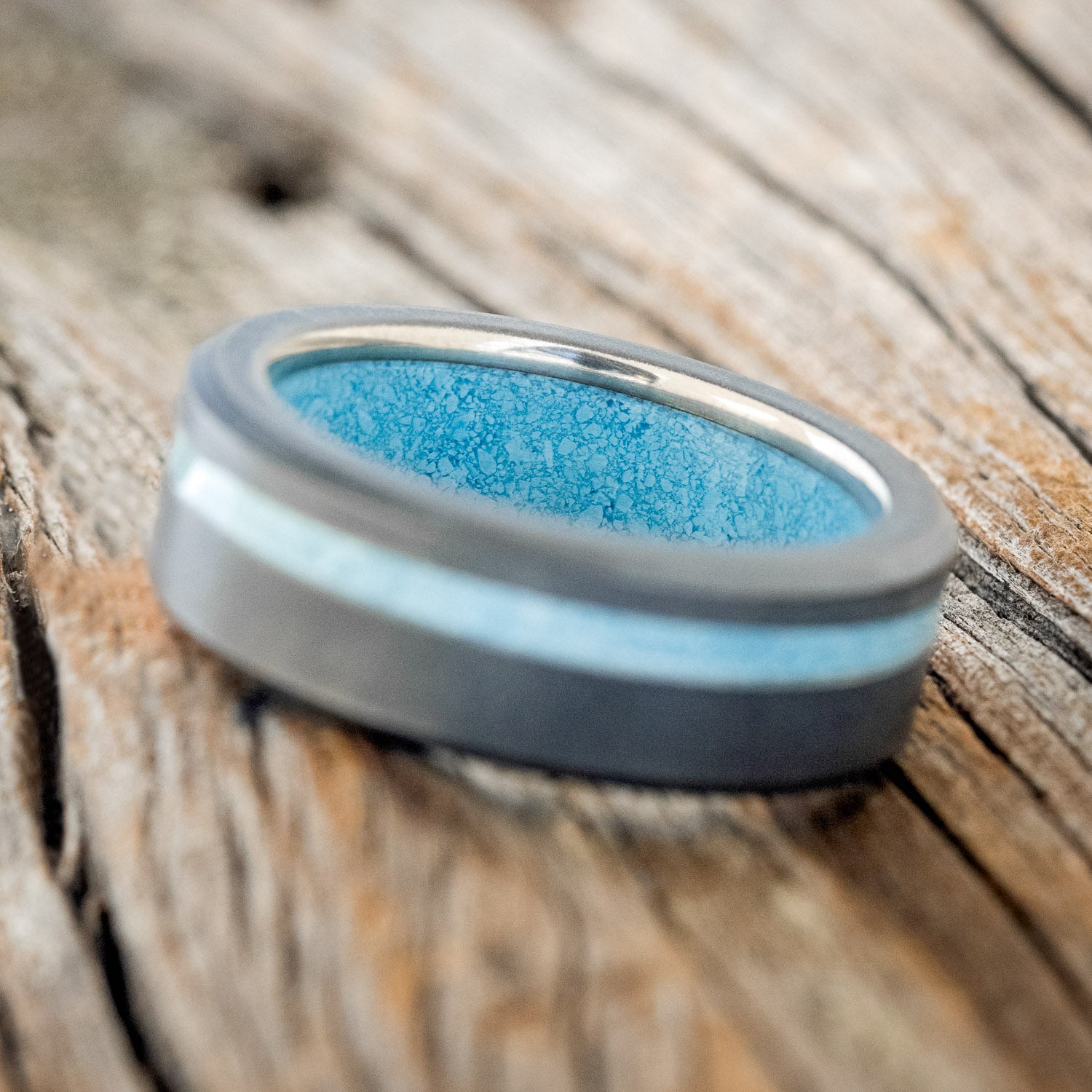 "VERTIGO" - TURQUOISE INLAY & LINING WEDDING BAND WITH A SANDBLASTED FINISH-10