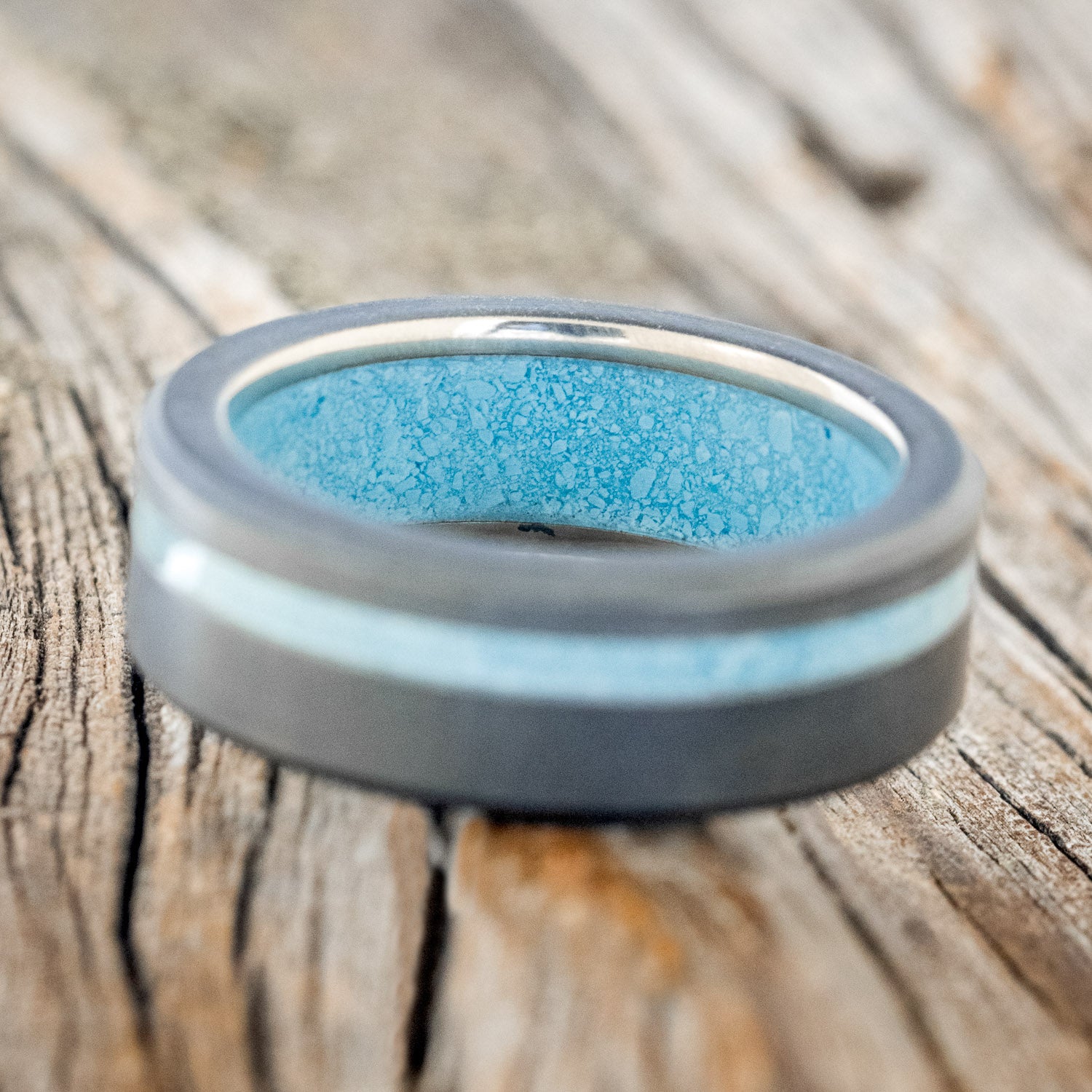 "VERTIGO" - TURQUOISE INLAY & LINING WEDDING BAND WITH A SANDBLASTED FINISH-12