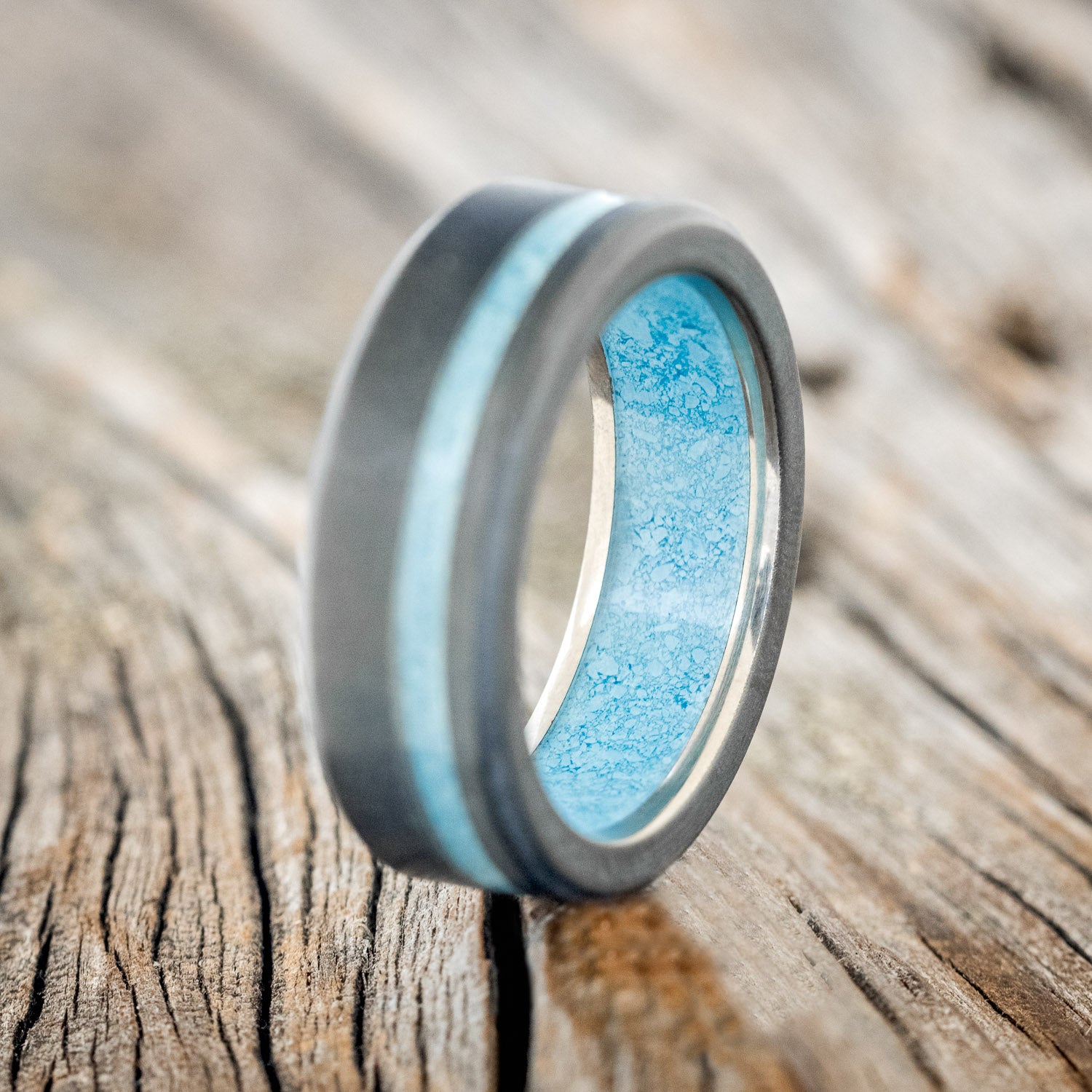 "VERTIGO" - TURQUOISE INLAY & LINING WEDDING BAND WITH A SANDBLASTED FINISH-8