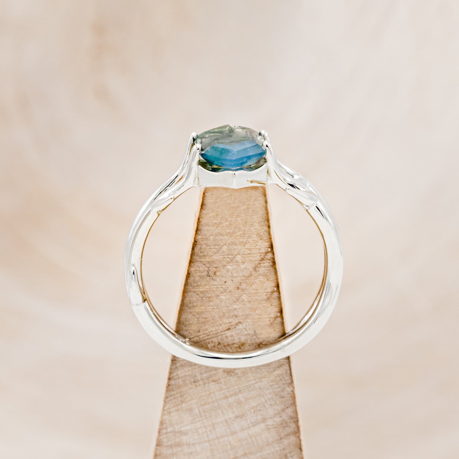 "ARTEMIS" - ELONGATED HEXAGON MOSS AGATE ENGAGEMENT RING WITH AN ANTLER STYLE BAND-5