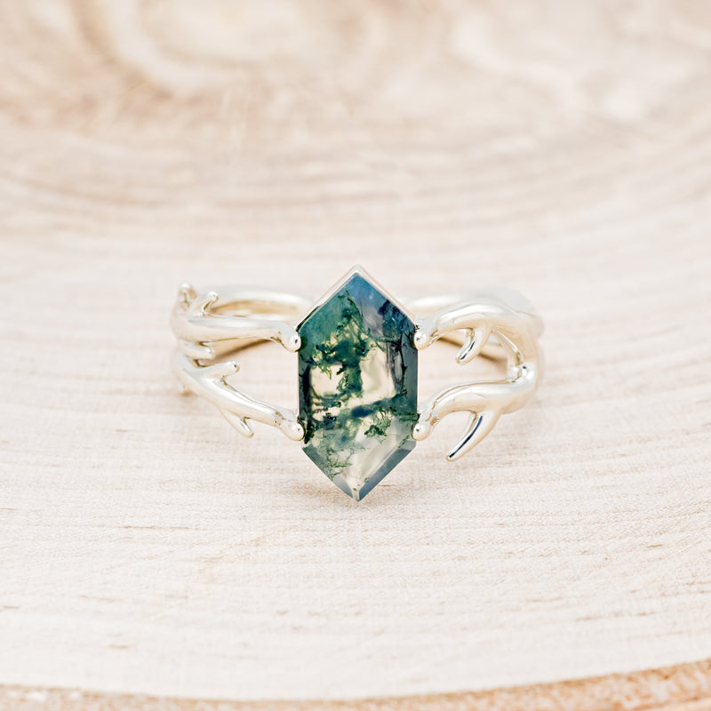 Shown here is "Artemis", an antler/branch-style moss agate women's engagement ring, front facing. Many other center stone options are available upon request.