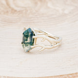 "ARTEMIS" - ELONGATED HEXAGON MOSS AGATE ENGAGEMENT RING WITH AN ANTLER STYLE BAND-3