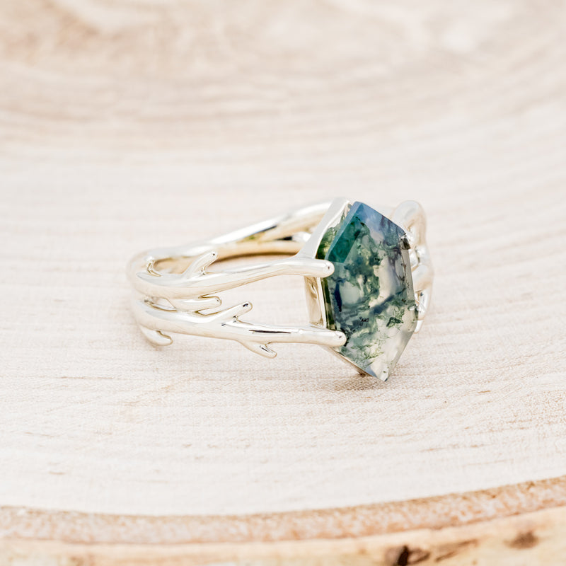 "ARTEMIS" - ELONGATED HEXAGON MOSS AGATE ENGAGEMENT RING WITH AN ANTLER STYLE BAND-2