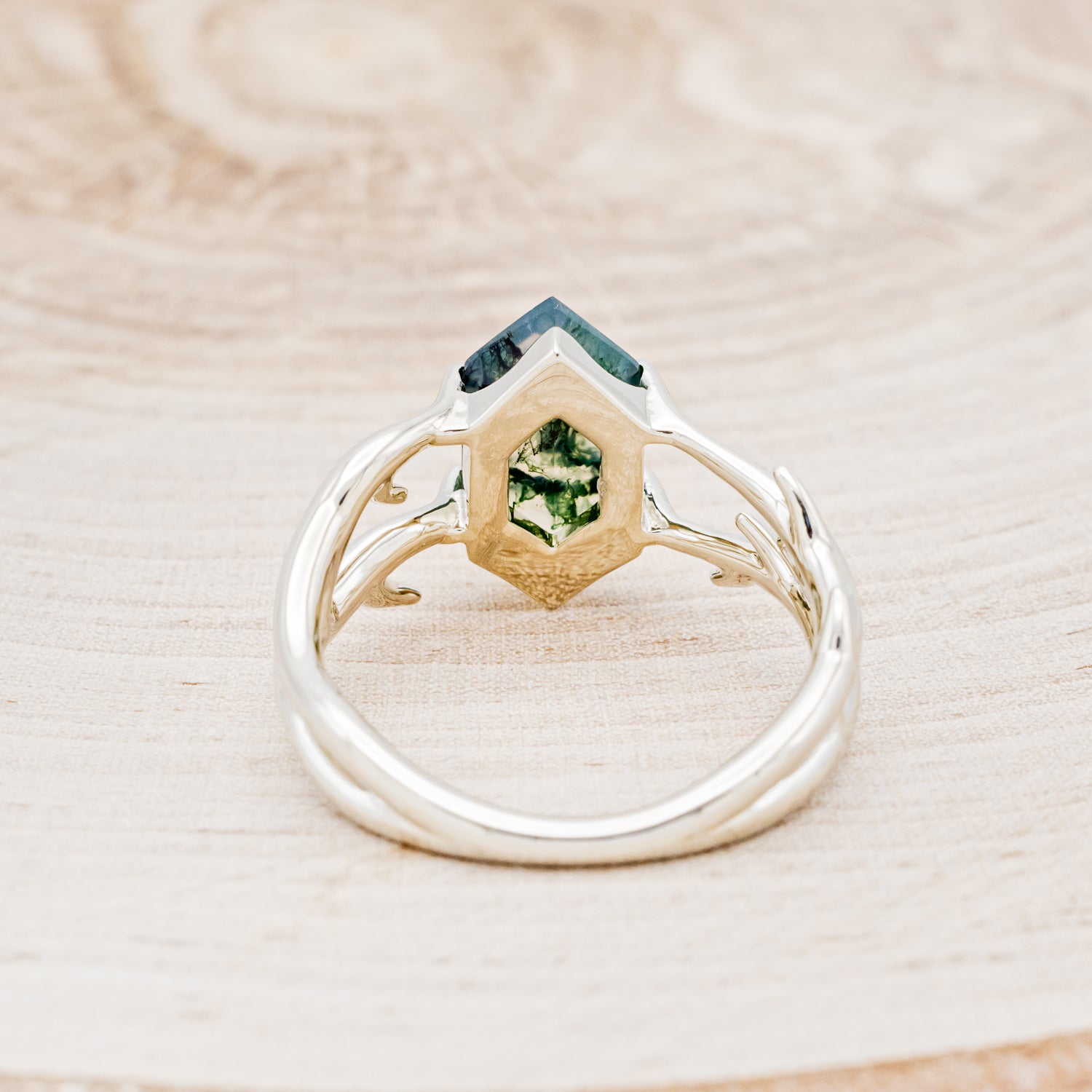 "ARTEMIS" - ELONGATED HEXAGON MOSS AGATE ENGAGEMENT RING WITH AN ANTLER STYLE BAND-6