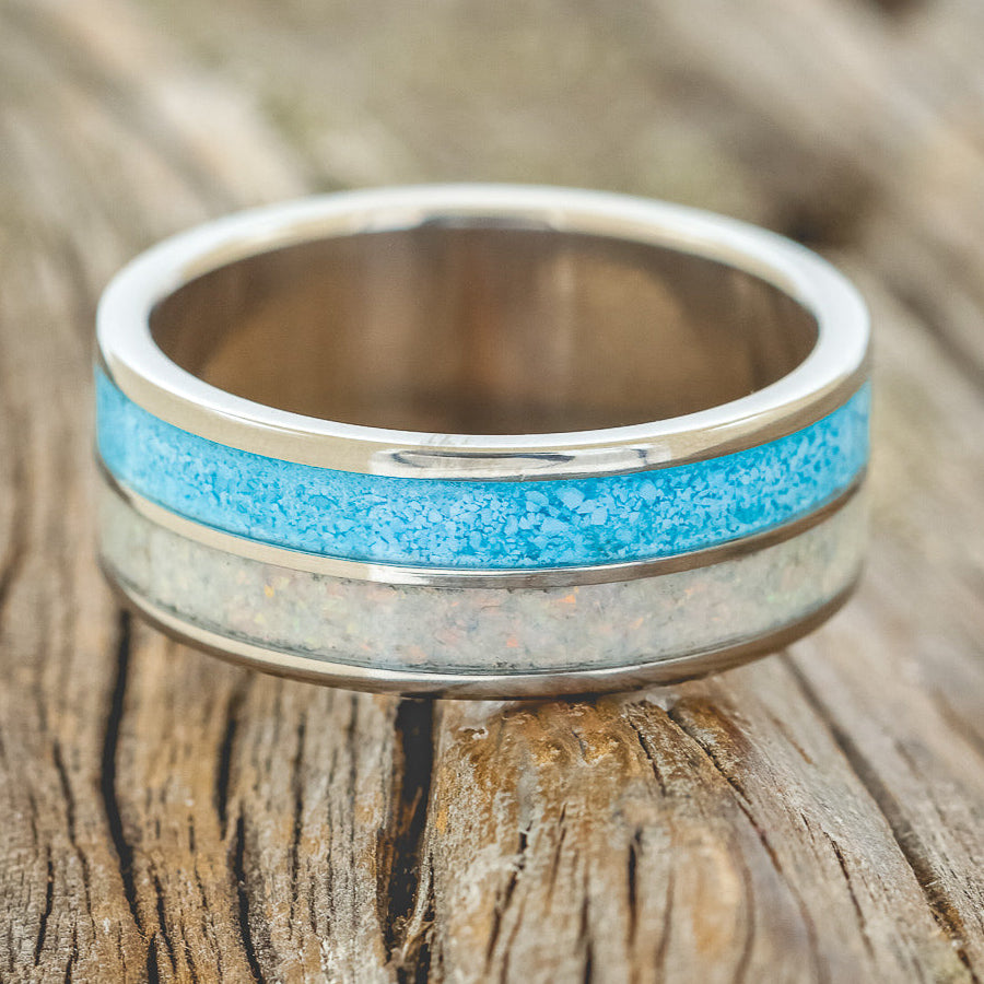 "DYAD" - FIRE AND ICE OPAL & TURQUOISE WEDDING BAND-3
