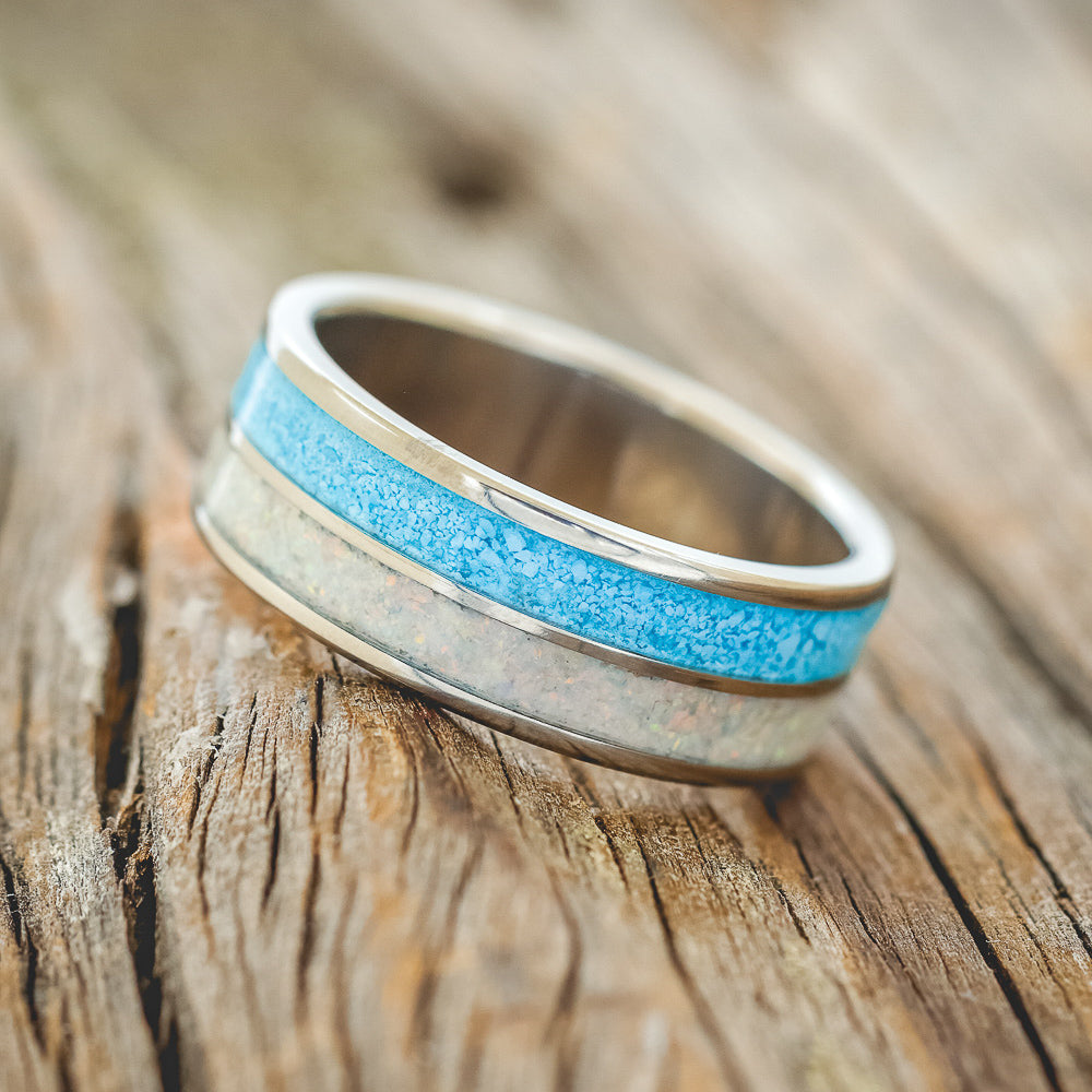 "DYAD" - FIRE AND ICE OPAL & TURQUOISE WEDDING BAND-2