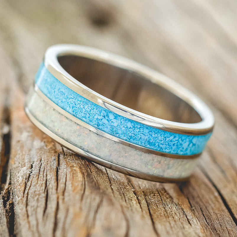 "DYAD" - FIRE AND ICE OPAL & TURQUOISE WEDDING BAND-2