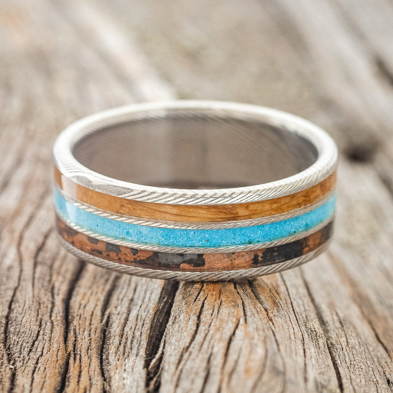 "RIO" - PATINA COPPER, TURQUOISE & WHISKEY BARREL OAK WEDDING BAND - READY TO SHIP-3