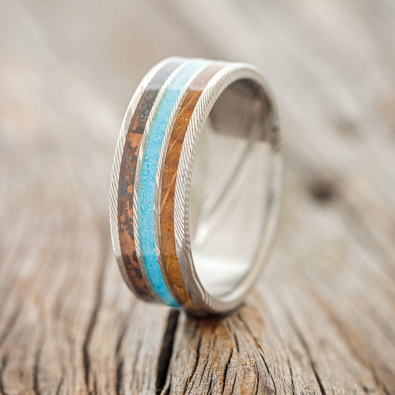 "RIO" - PATINA COPPER, TURQUOISE & WHISKEY BARREL OAK WEDDING BAND - READY TO SHIP-1