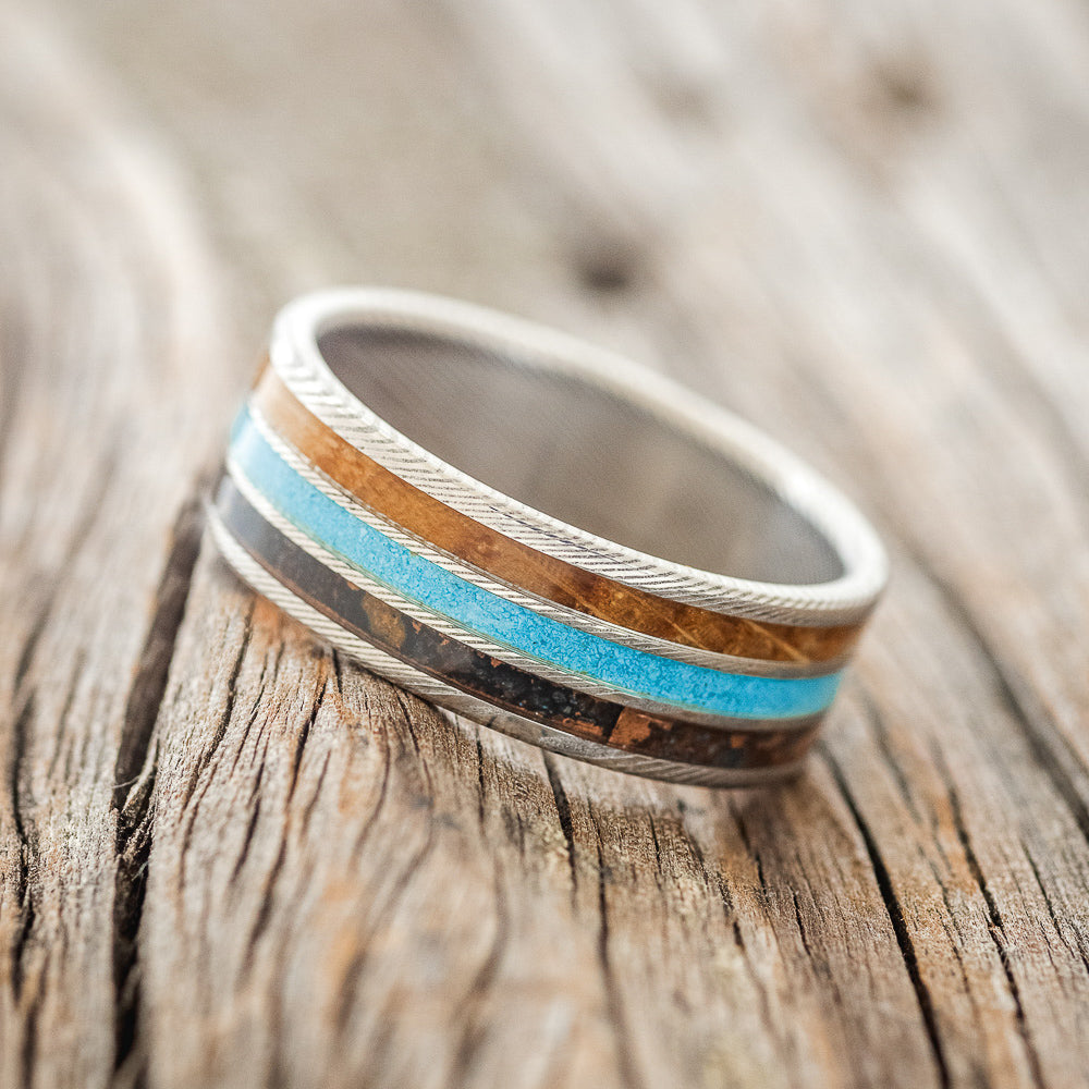 "RIO" - PATINA COPPER, TURQUOISE & WHISKEY BARREL WEDDING RING-2