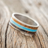 "RIO" - PATINA COPPER, TURQUOISE & WHISKEY BARREL WEDDING RING FEATURING A DAMASCUS STEEL BAND