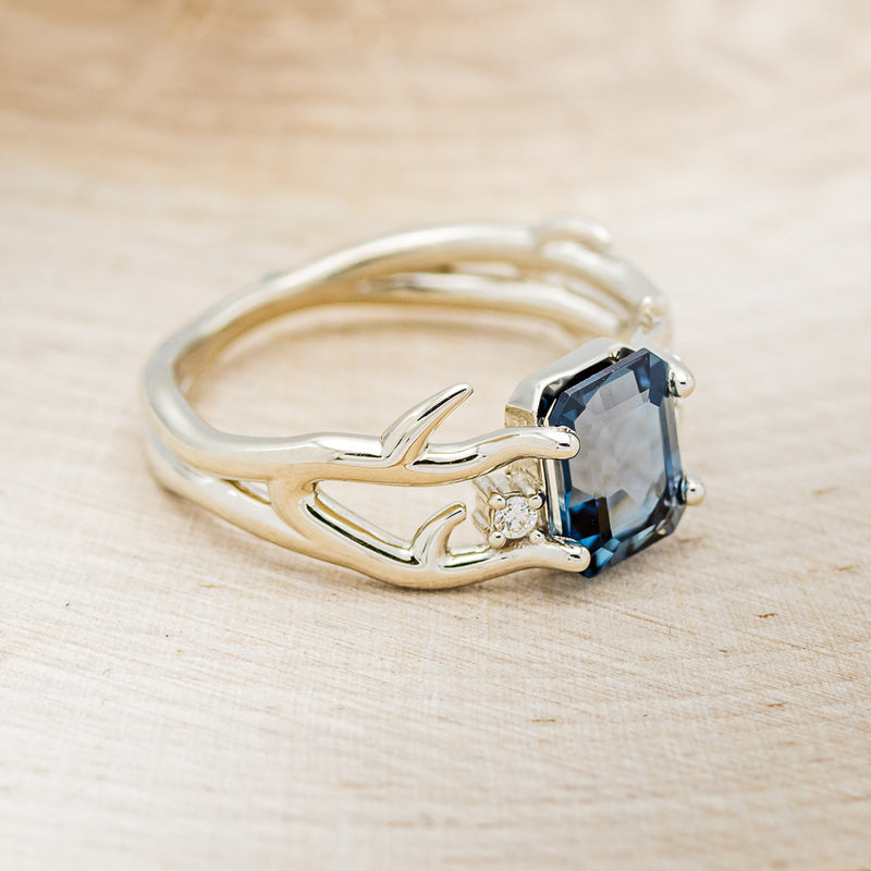 "ARTEMIS" - EMERALD CUT LONDON BLUE TOPAZ ENGAGEMENT RING WITH DIAMOND ACCENTS