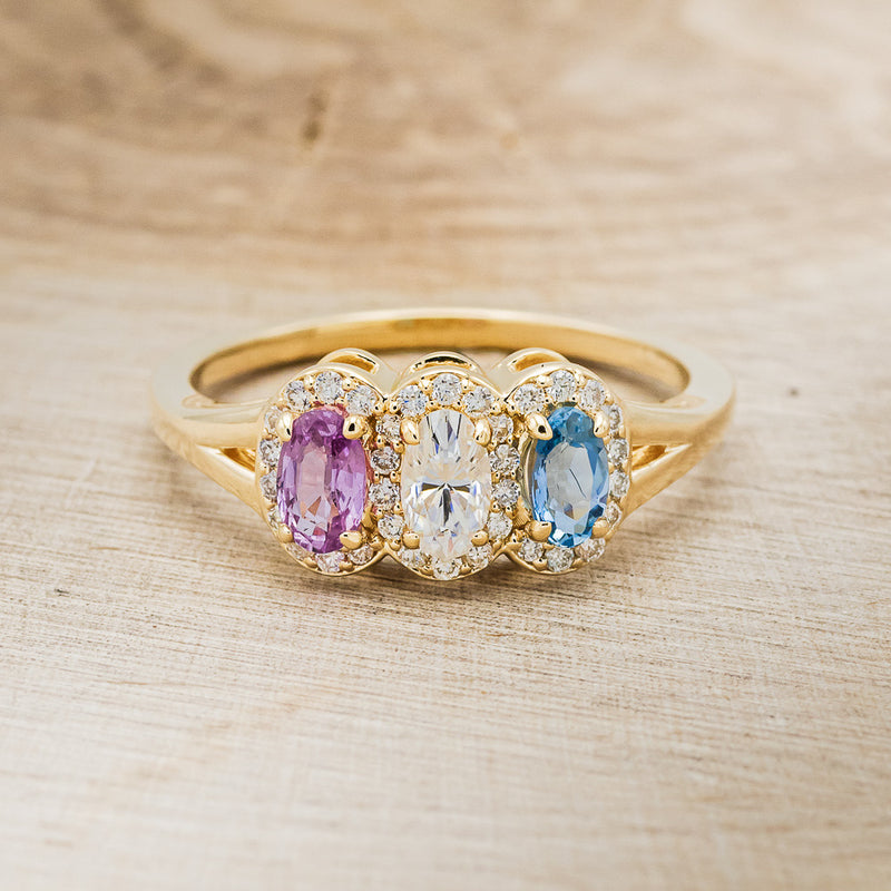 "MERCILLA" - THREE STONE OVAL ENGAGEMENT RING WITH PINK TOURMALINE, MOISSANITE & TOPAZ-4