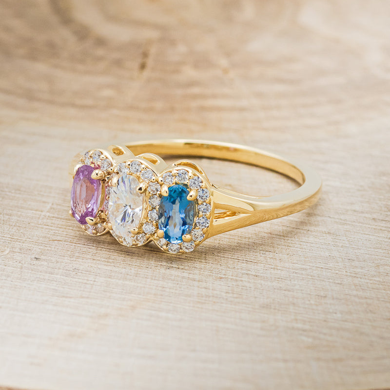 "MERCILLA" - THREE STONE OVAL ENGAGEMENT RING WITH PINK TOURMALINE, MOISSANITE & TOPAZ-3