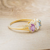 "MERCILLA" - THREE STONE OVAL ENGAGEMENT RING WITH PINK TOURMALINE, MOISSANITE & TOPAZ-2