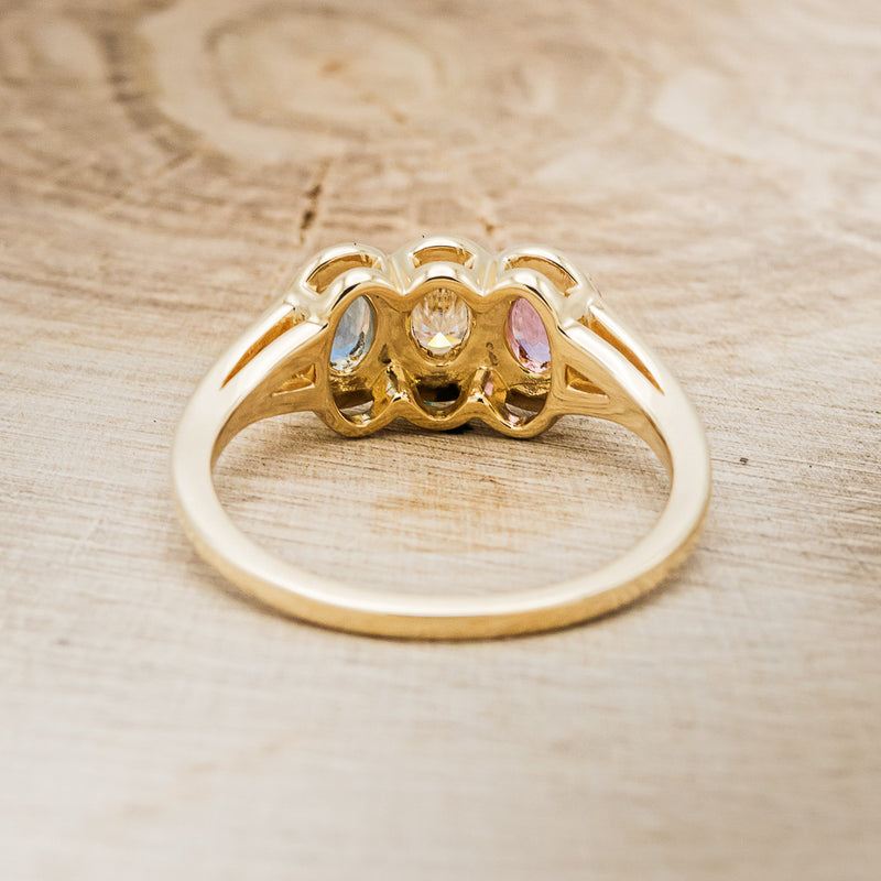 "MERCILLA" - THREE STONE OVAL ENGAGEMENT RING WITH PINK TOURMALINE, MOISSANITE & TOPAZ-6