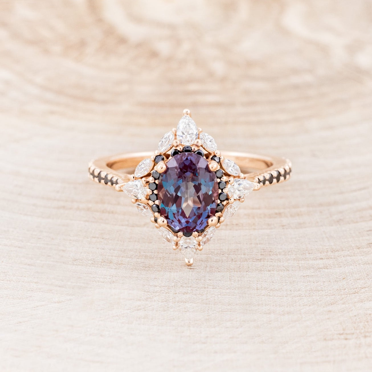 "NORTH STAR" - OVAL LAB-GROWN ALEXANDRITE ENGAGEMENT RING WITH DIAMOND HALO & BLACK DIAMOND ACCENTS-4