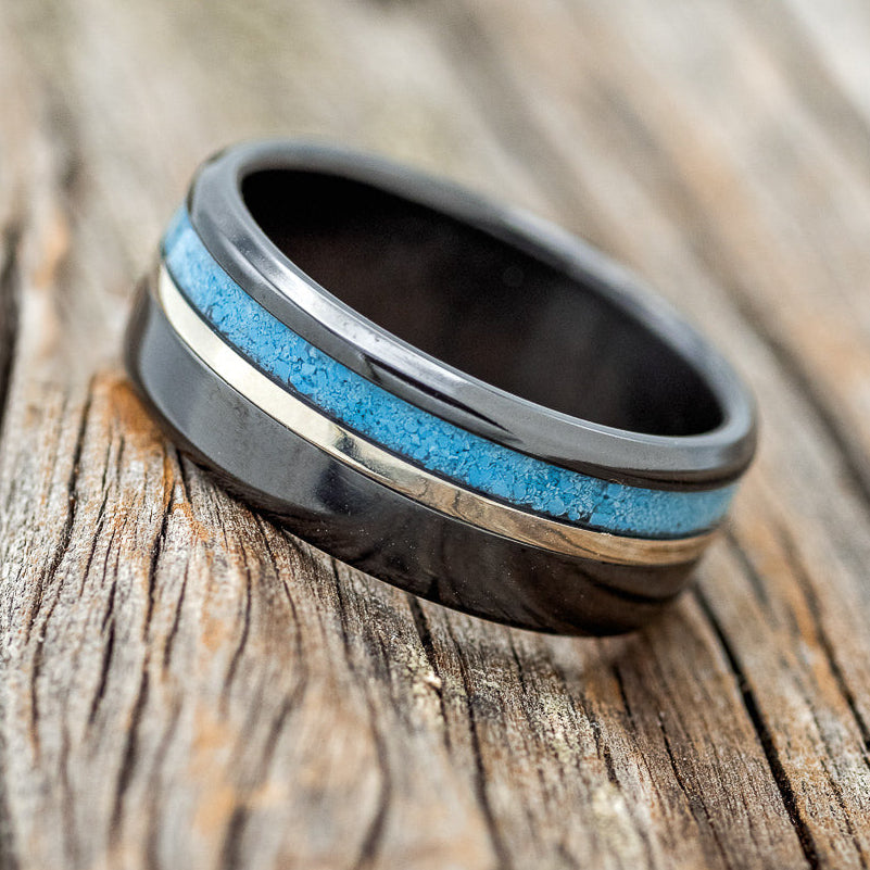"CASTOR" - TURQUOISE & 14K GOLD INLAY WEDDING RING-2