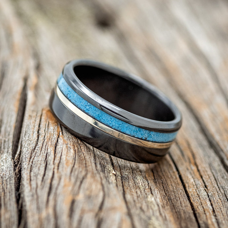 "CASTOR" - TURQUOISE & 14K GOLD INLAY WEDDING RING FEATURING A BLACK ZIRCONIUM BAND
