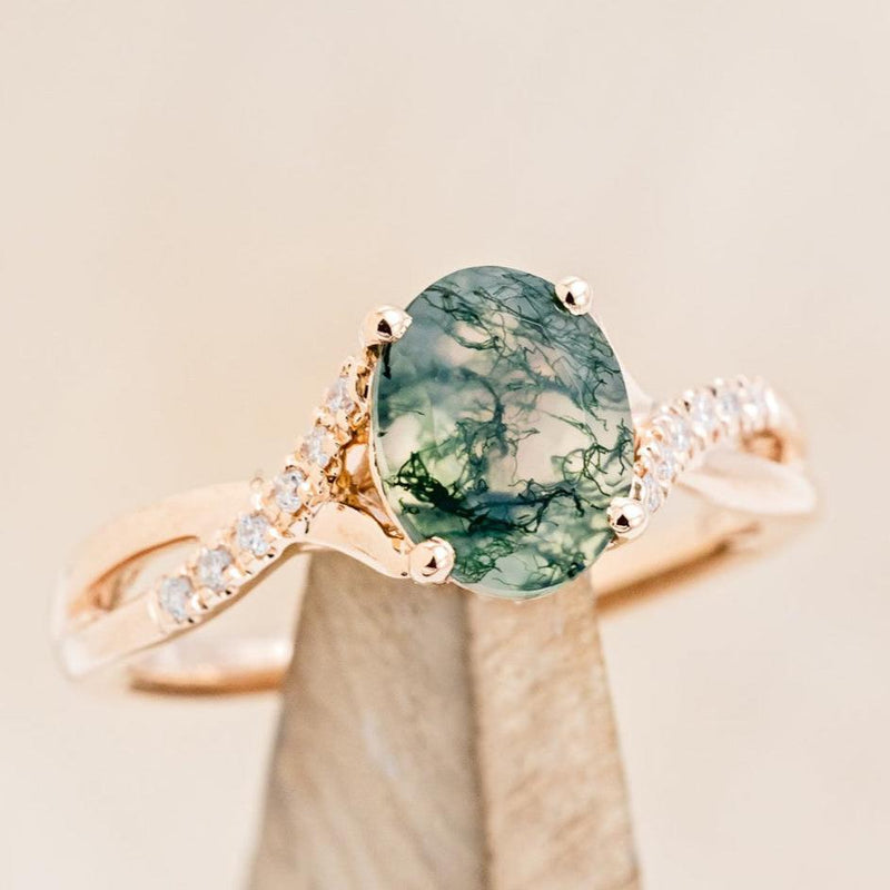 "ROSLYN" - OVAL MOSS AGATE ENGAGEMENT RING WITH DIAMOND ACCENTS-1