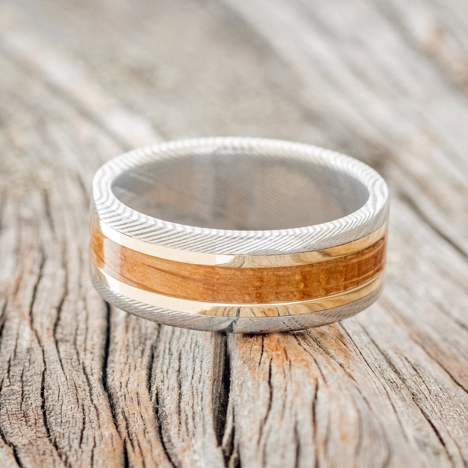 "KALDER" - WHISKEY BARREL OAK & 14K GOLD INLAYS WEDDING RING-3