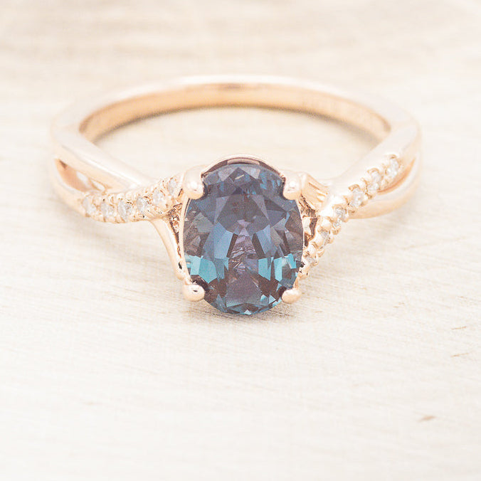 "ROSLYN" - OVAL LAB-GROWN ALEXANDRITE ENGAGEMENT RING WITH DIAMOND ACCENTS-7