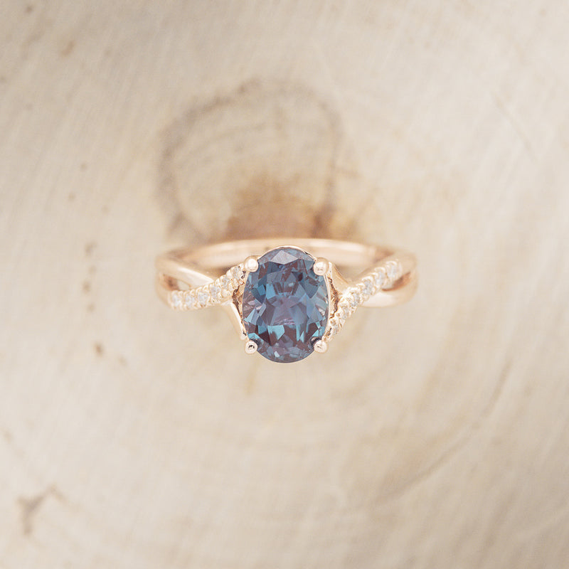 "ROSLYN" - OVAL LAB-GROWN ALEXANDRITE ENGAGEMENT RING WITH DIAMOND ACCENTS - READY TO SHIP