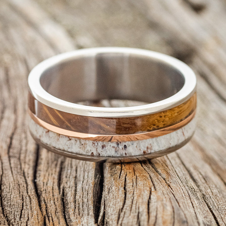 "DYAD" - WHISKEY BARREL OAK, ANTLER & 14K GOLD INLAY WEDDING BAND-3