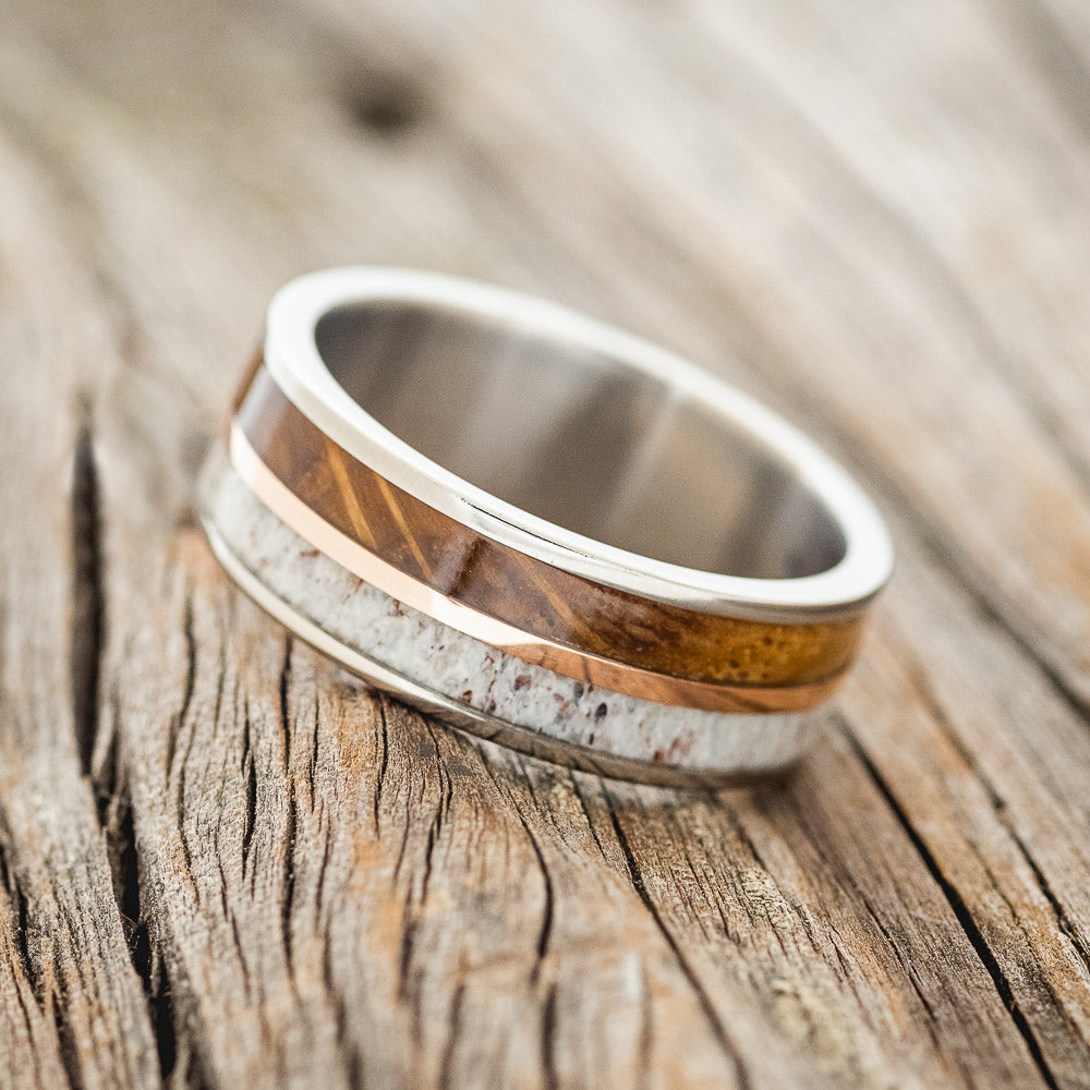 "DYAD" - WHISKEY BARREL OAK, ANTLER & 14K GOLD INLAY WEDDING BAND-2