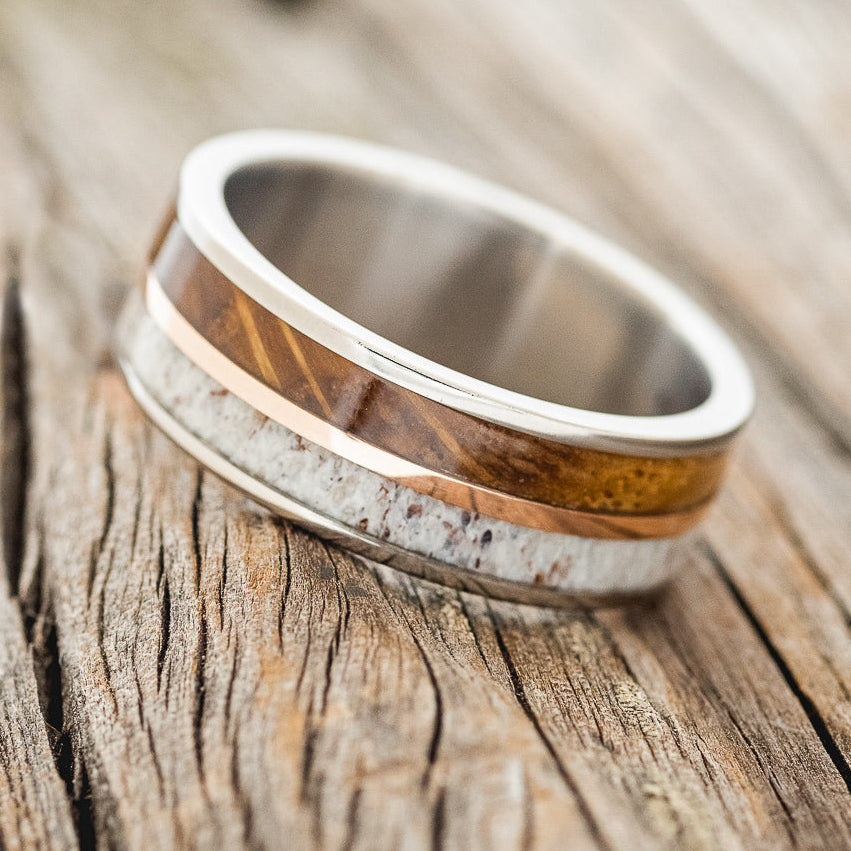 "DYAD" - WHISKEY BARREL OAK, ANTLER & 14K GOLD INLAY WEDDING BAND-2