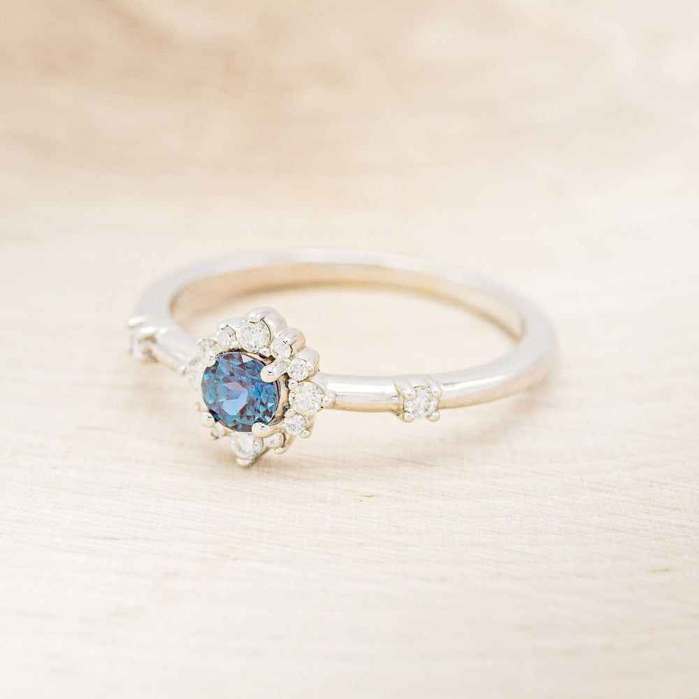 "STARLA" - ROUND CUT LAB-GROWN ALEXANDRITE ENGAGEMENT RING WITH STARBURST DIAMOND HALO-3