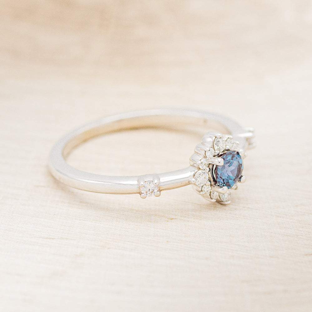 "STARLA" - ROUND CUT LAB-GROWN ALEXANDRITE ENGAGEMENT RING WITH STARBURST DIAMOND HALO-2