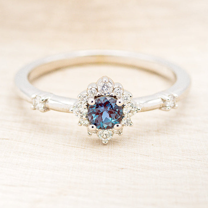 "STARLA" - ROUND CUT LAB-GROWN ALEXANDRITE ENGAGEMENT RING WITH STARBURST DIAMOND HALO-4