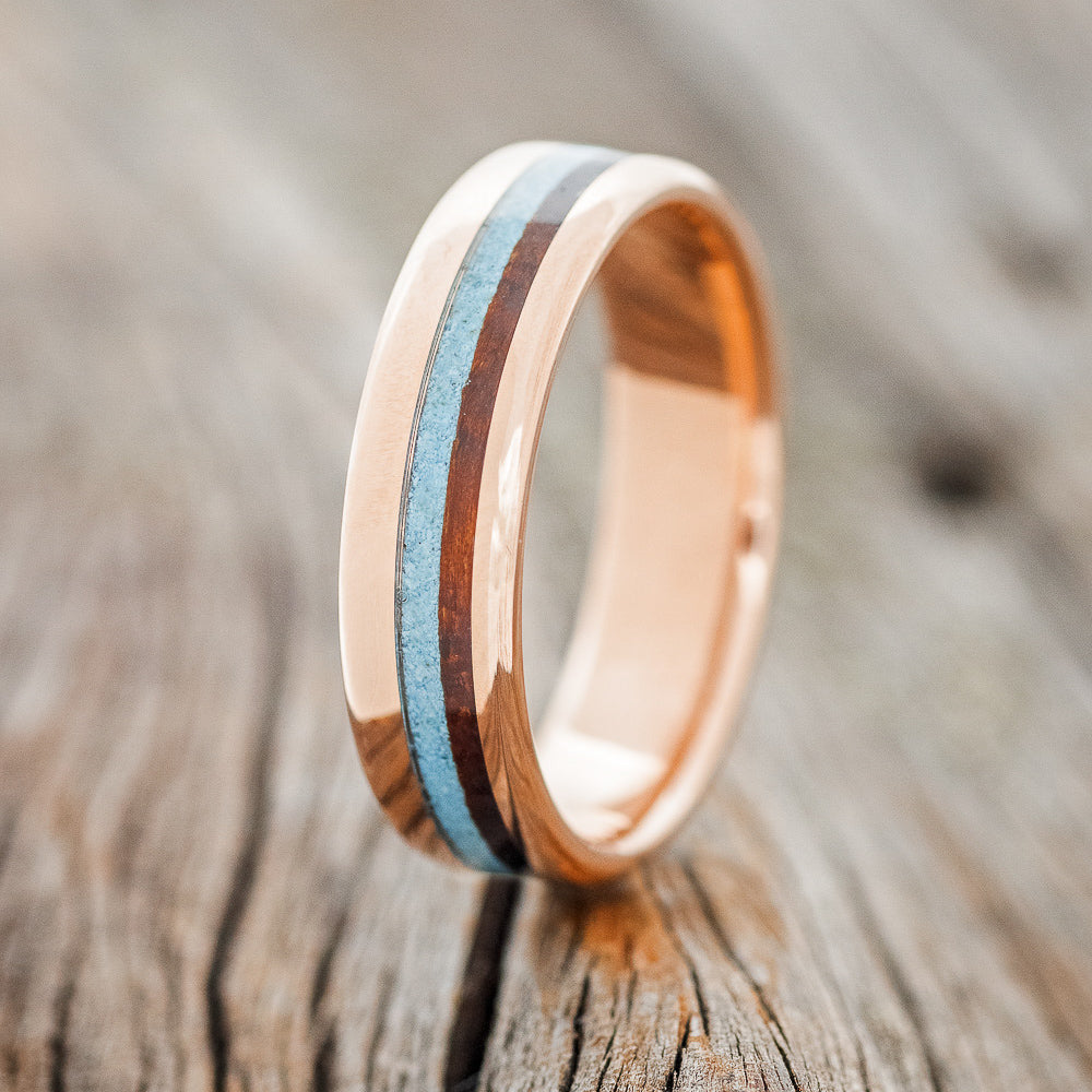 "CASTOR" - MATCHING SET OF IRONWOOD & TURQUOISE WEDDING RINGS FEATURING 14K GOLD BANDS-2