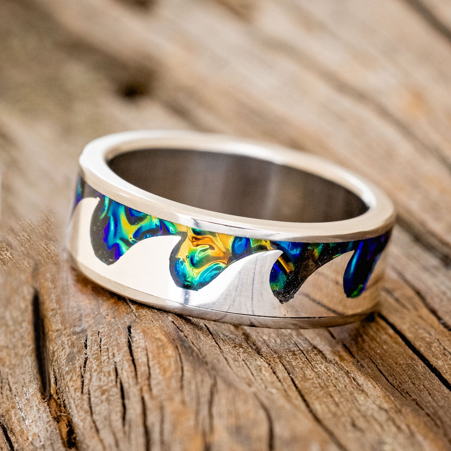 "POSEIDON" - BLACK SEA DICHROLAM & SILVER WAVES WEDDING BAND-2