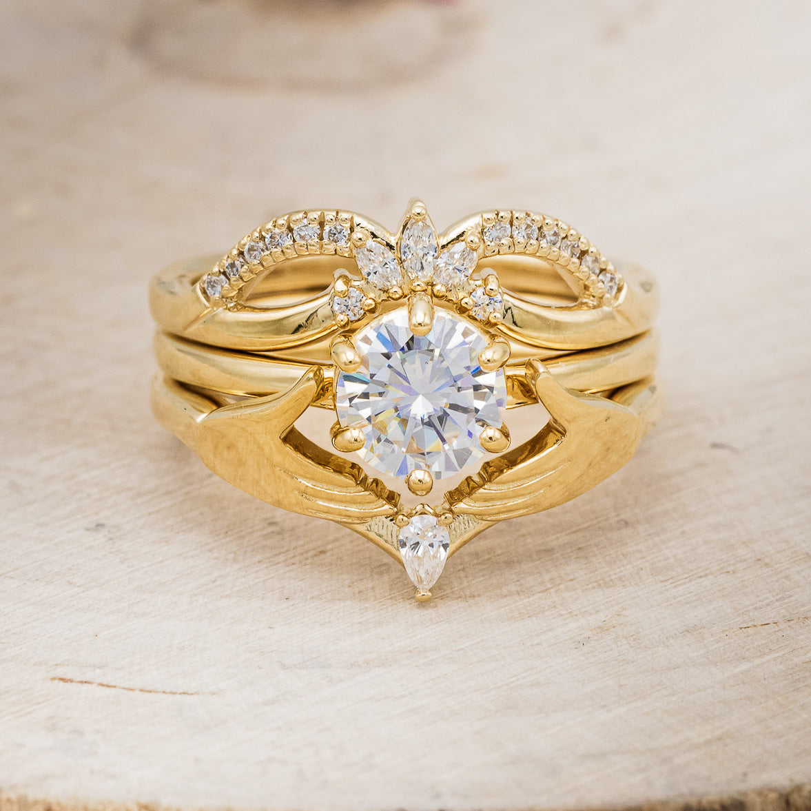 CLADDAGH BRIDAL SUITE - ROUND CUT MOISSANITE SOLITAIRE ENGAGEMENT RING WITH DIAMOND ACCENTS TRACER & CLADDAGH TRACER-2