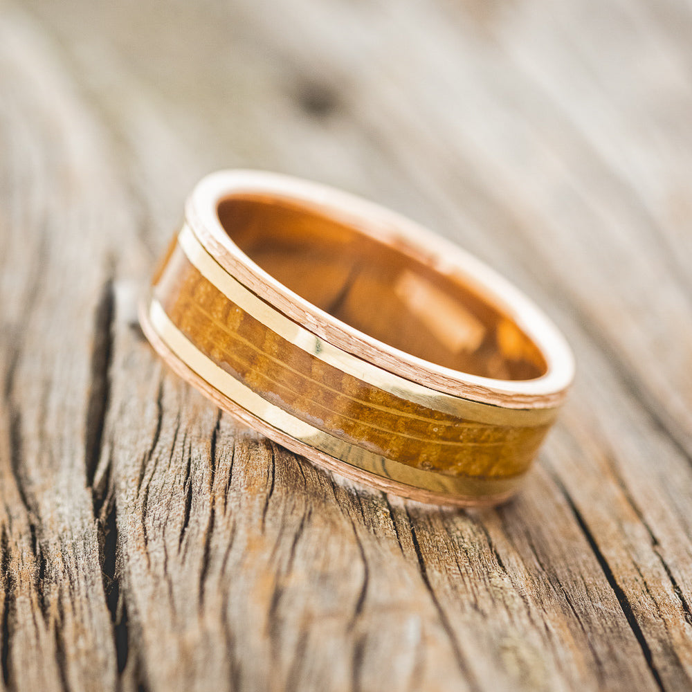 "HOLLIS" - WHISKEY BARREL & 14K GOLD INLAYS WEDDING RING-5