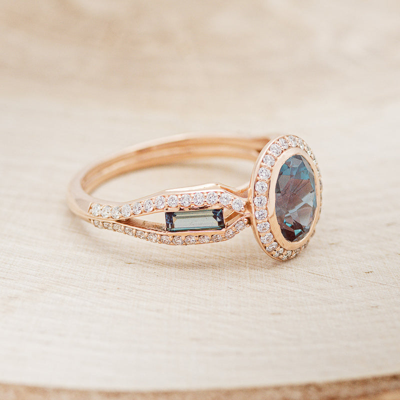 "VINA" - OVAL LAB-GROWN ALEXANDRITE ENGAGEMENT RING WITH DIAMOND HALO & ACCENTS